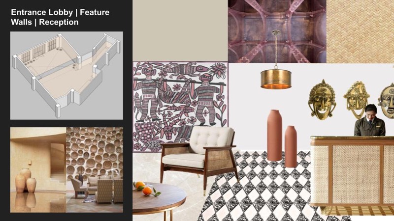 Mood board with pattern samples, furniture and material references