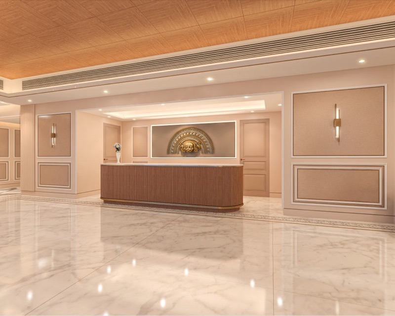 Render of a hotel reception desk in a marble-floored hall