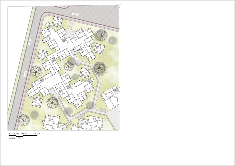 Plan of a dormitory cluster set among trees and paths