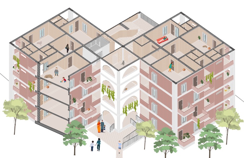 Cutaway drawing of a brick housing block showing rooms, stairs and people