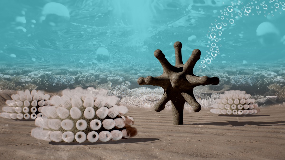 Render of a dark branching device standing on the seabed among pale reef structures