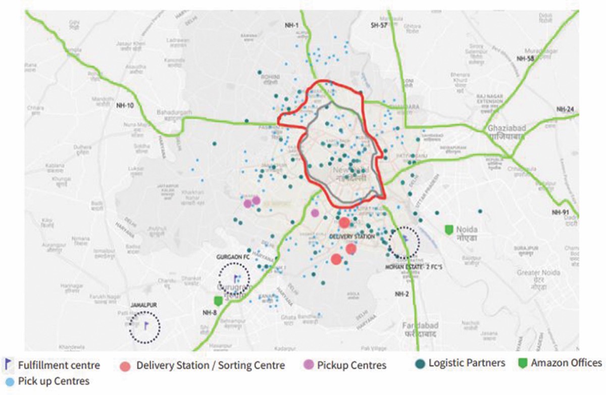 Map of Delhi with coloured dots marking fulfilment centres, delivery stations and pickup points