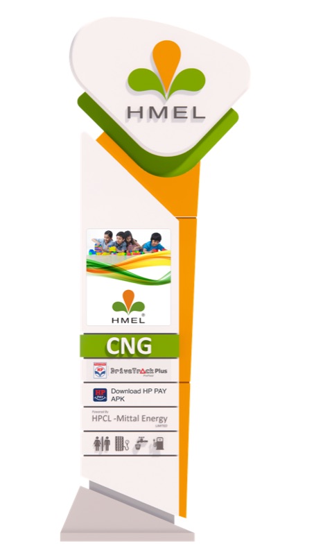 Render of a tall orange, white and green roadside pylon