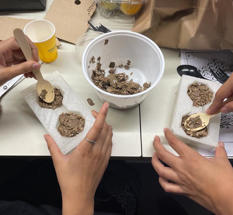 Hands spooning brown growing mix into white moulds on a table