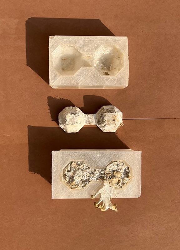 A mould, a grown block and a filled mould with a mushroom, laid out on brown card
