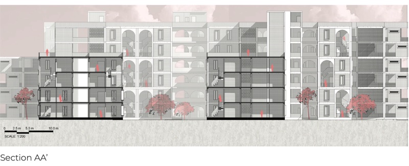 Long section through the four-storey dormitory cluster