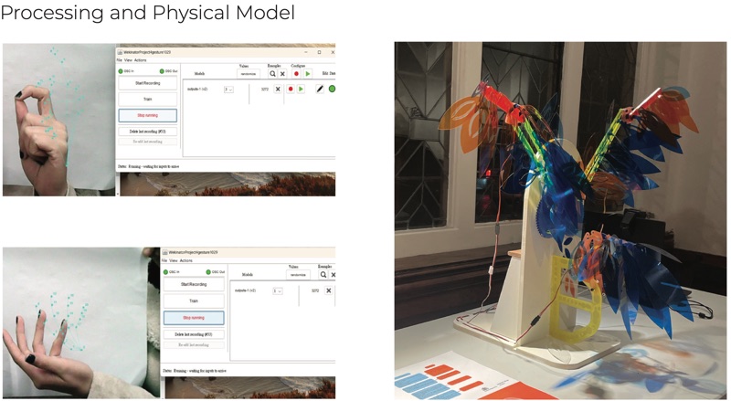 Screenshots of hand tracking software beside a photo of the acrylic sculpture