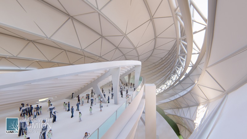 Render of a white curving concourse with people walking under a lattice roof