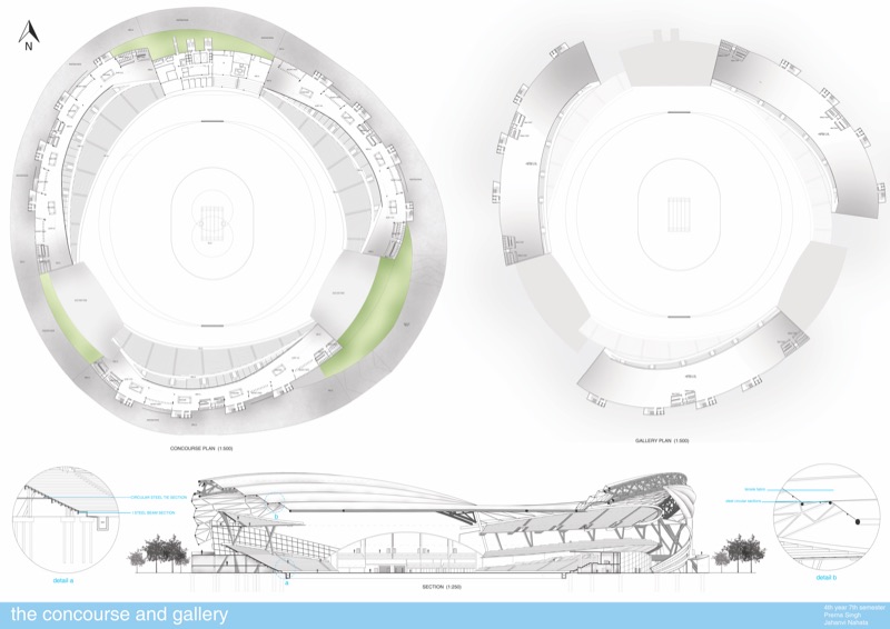 Drawing sheet with two circular stadium plans and a long section