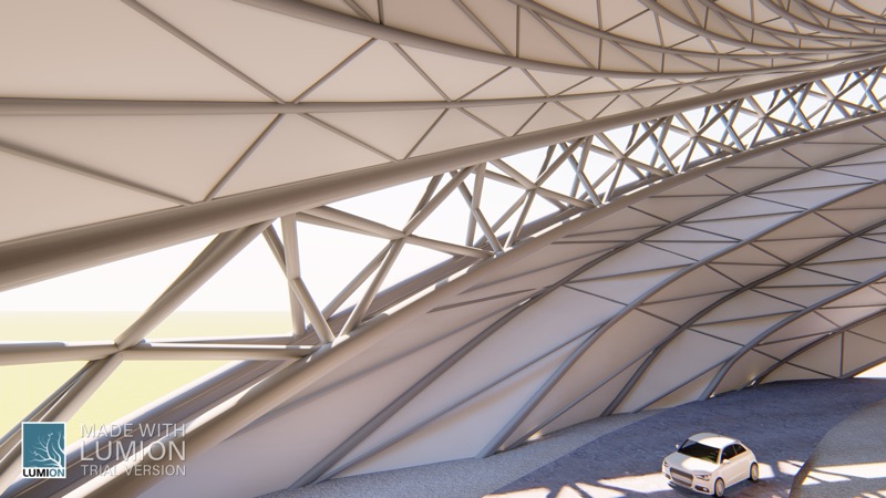 Render looking up at a white lattice roof structure